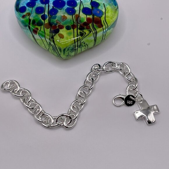 Sterling Silver 925 Smooth Cross Charm and Chain Bracelet #1128 - Picture 5 of 12